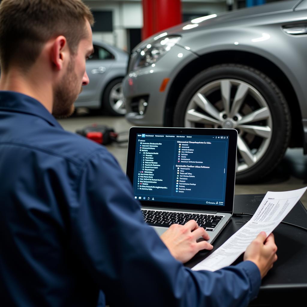 Mechanic Analyzing Diagnostic Codes on a Laptop