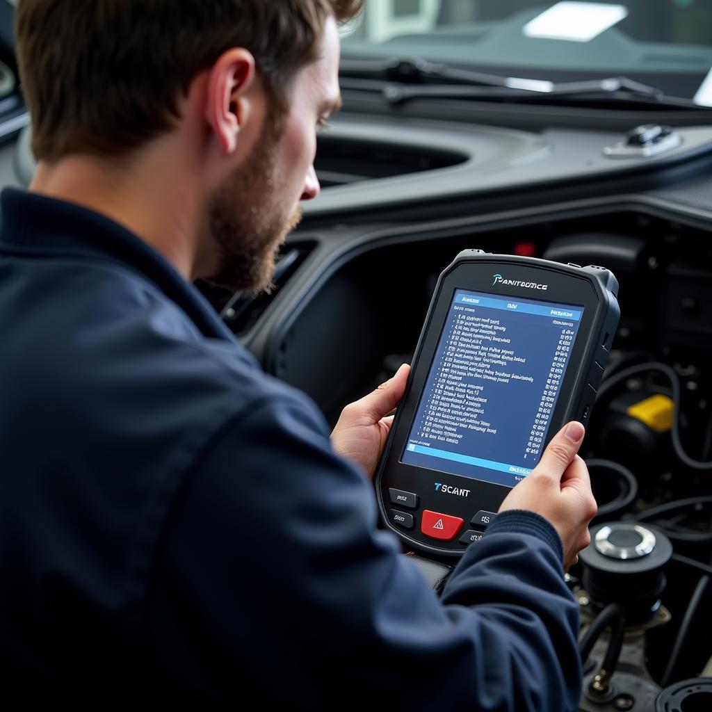 Mechanic reviewing diagnostic trouble codes on a scan tool in Lanarkshire