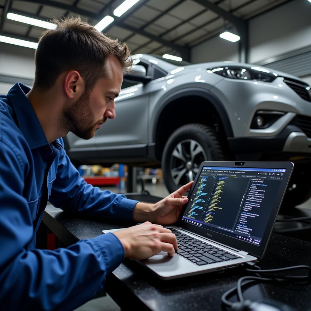 Mechanic Analyzing Diagnostic Codes on Laptop