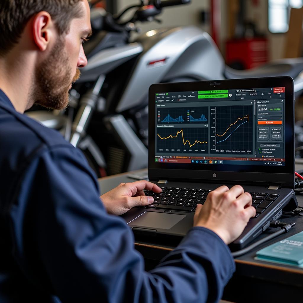 Mechanic Using Laptop for Motorcycle Diagnostics