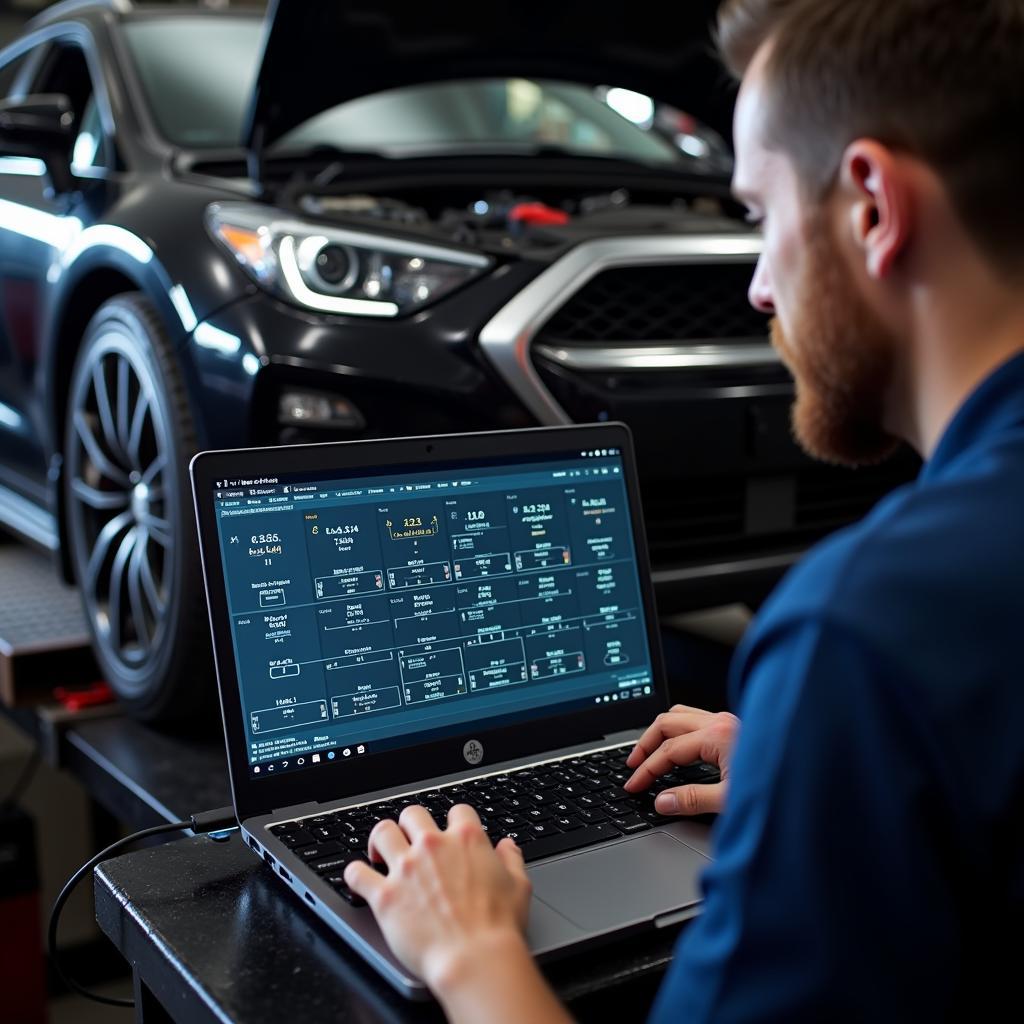 Mechanic Analyzing Diagnostic Data on a Laptop