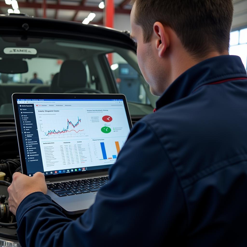 Mechanic Analyzing Diagnostic Data on a Laptop