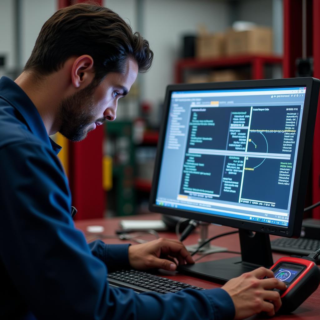 Mechanic reviewing car diagnostic results on a computer