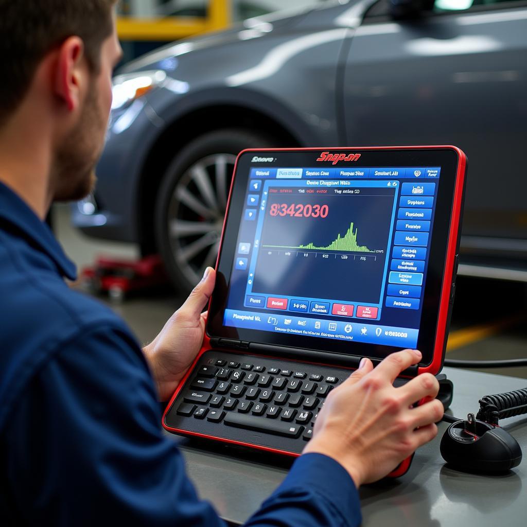 A mechanic carefully analyzes the diagnostic data displayed on the Snap-On computer.