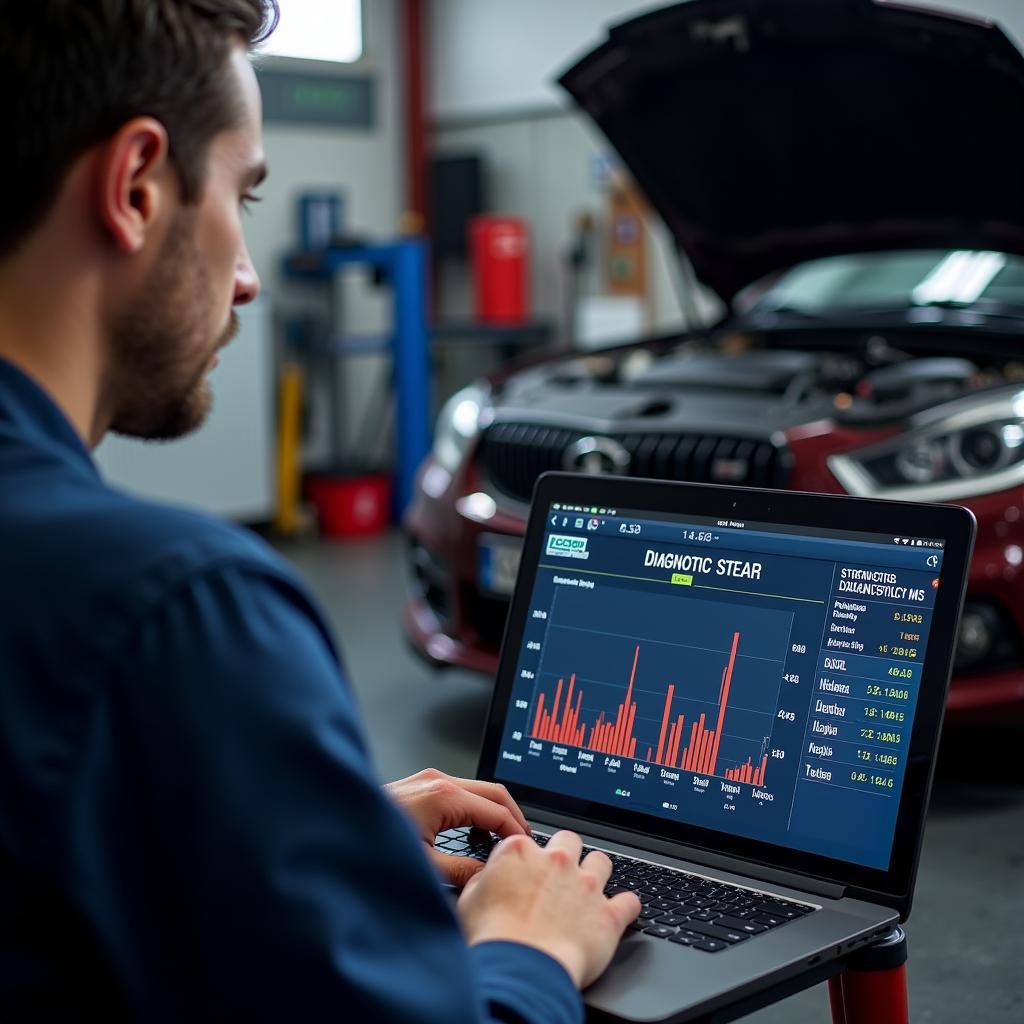 Mechanic Analyzing Diagnostic Data on a Laptop