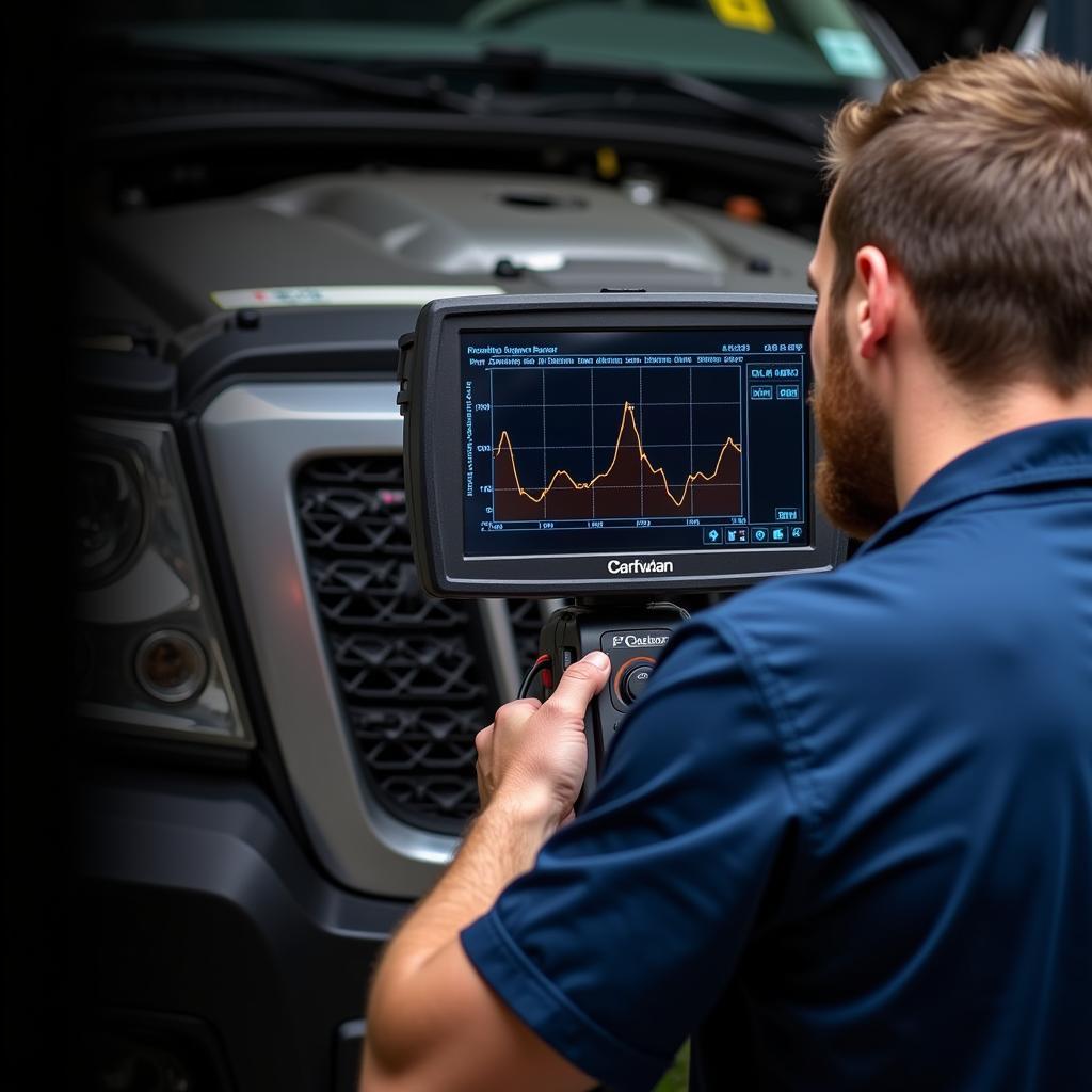 Mechanic interpreting diagnostic data on the Klavkarr 200 to identify car problems