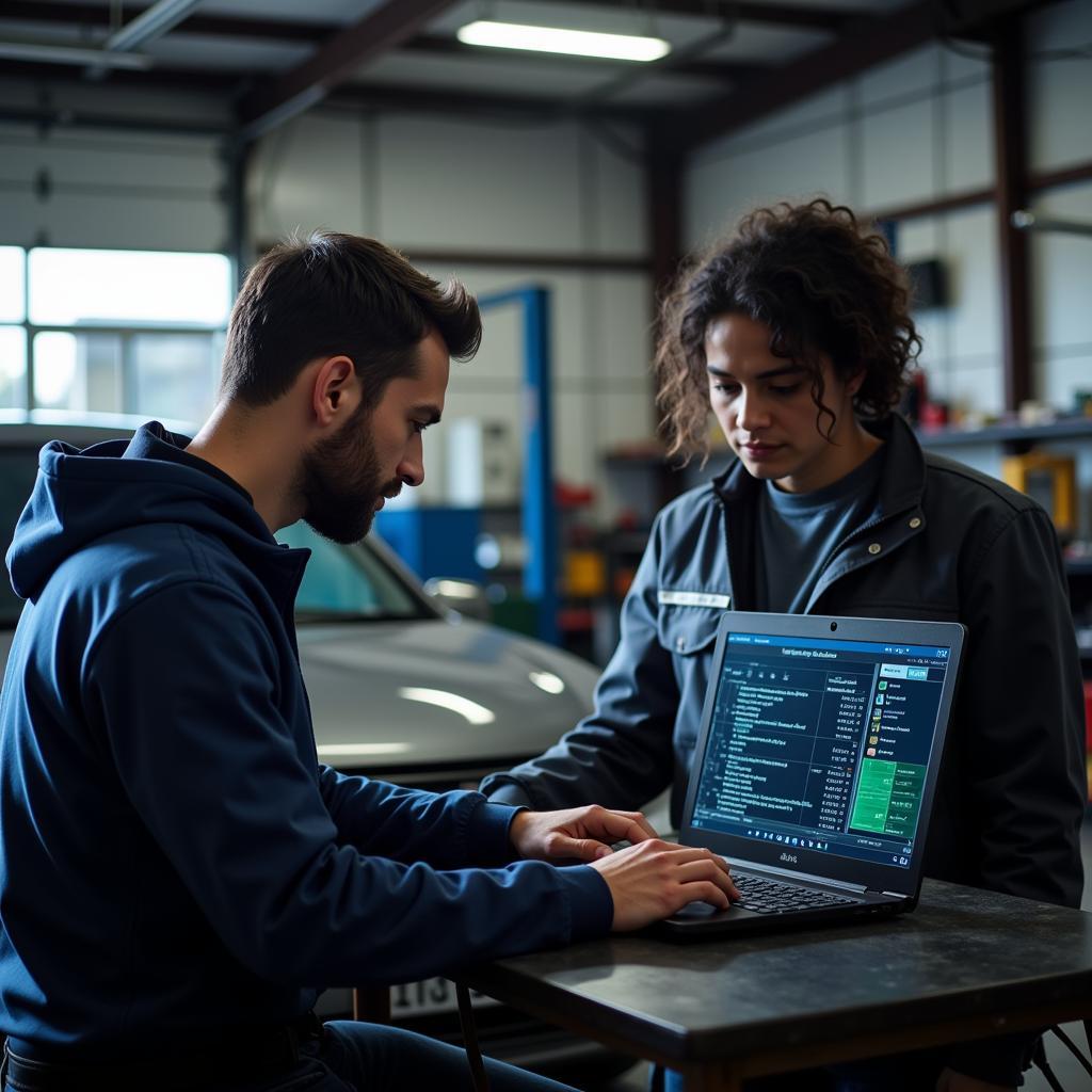 Mechanic Analyzing Diagnostic Data on Laptop