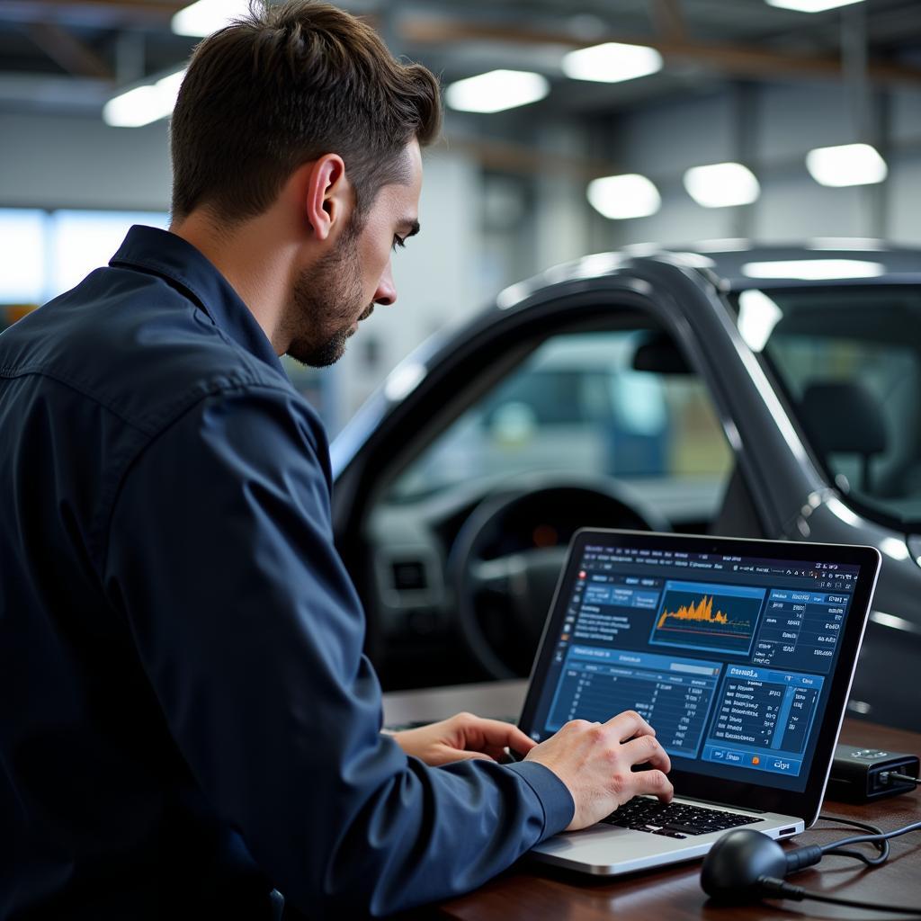 Mechanic Analyzing Diagnostic Data on Laptop