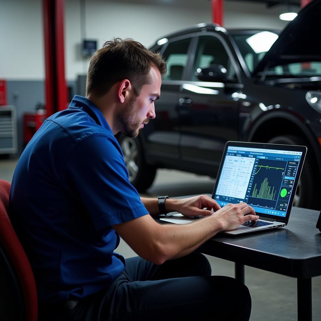 Mechanic Analyzing Diagnostic Data on Laptop