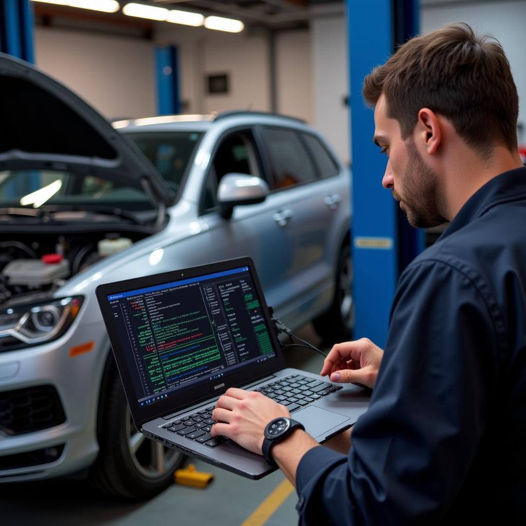 Mechanic Analyzing Diagnostic Data in a Pembrokeshire Garage