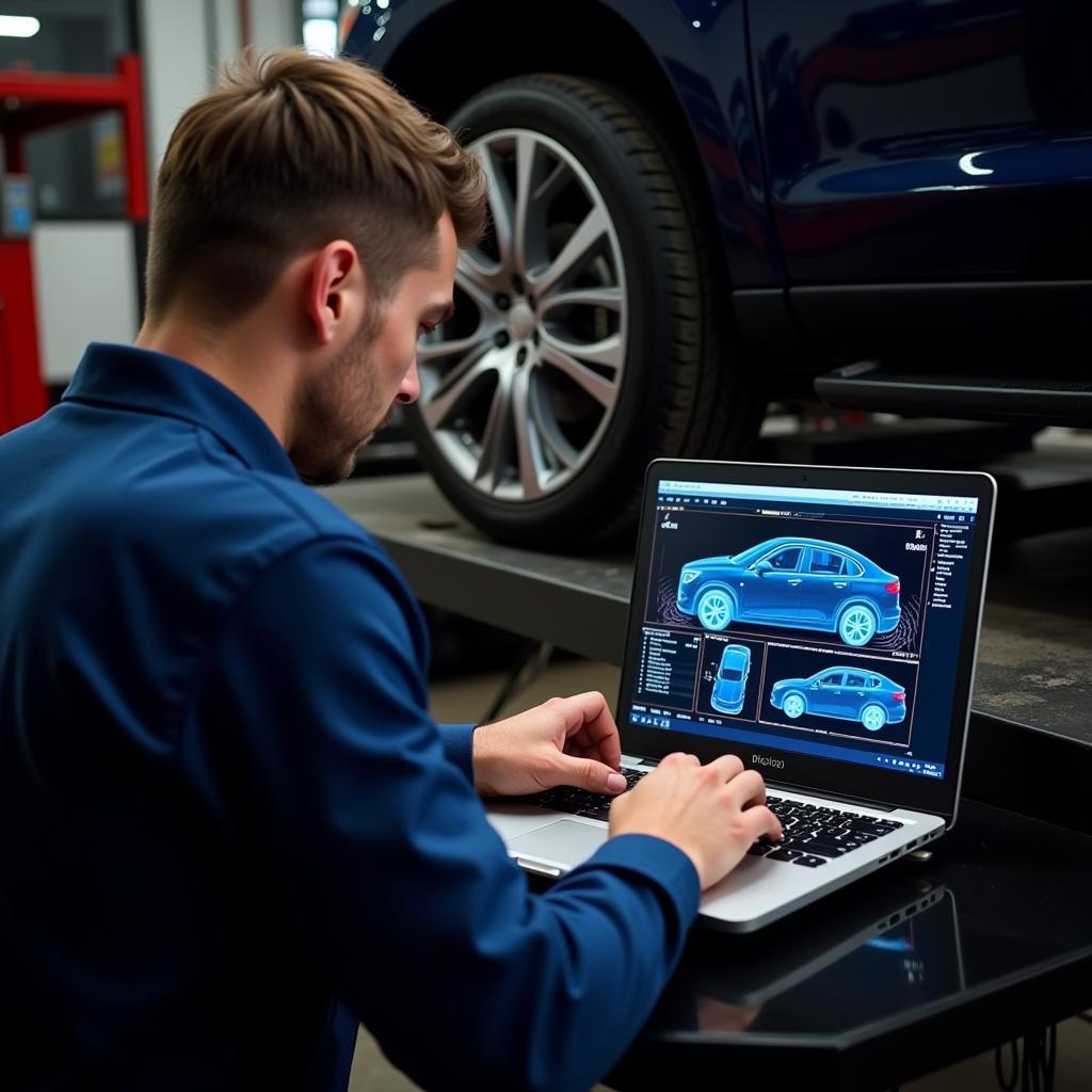 Mechanic Reviewing Car Diagnostic Images on Laptop