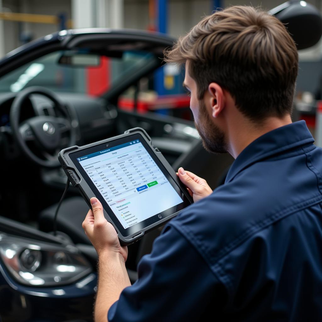 Mechanic reviewing diagnostic data on a tablet