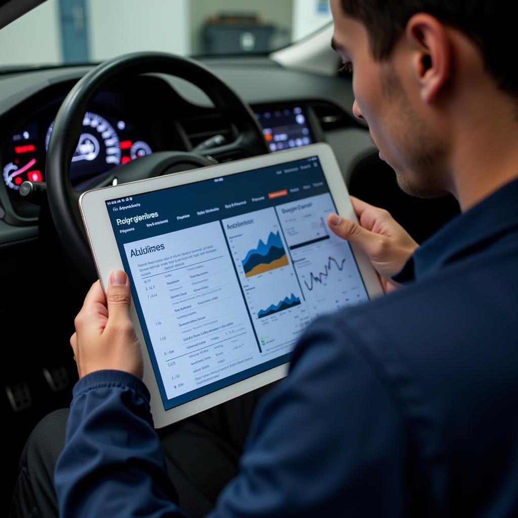 Mechanic analyzing diagnostic report on a tablet