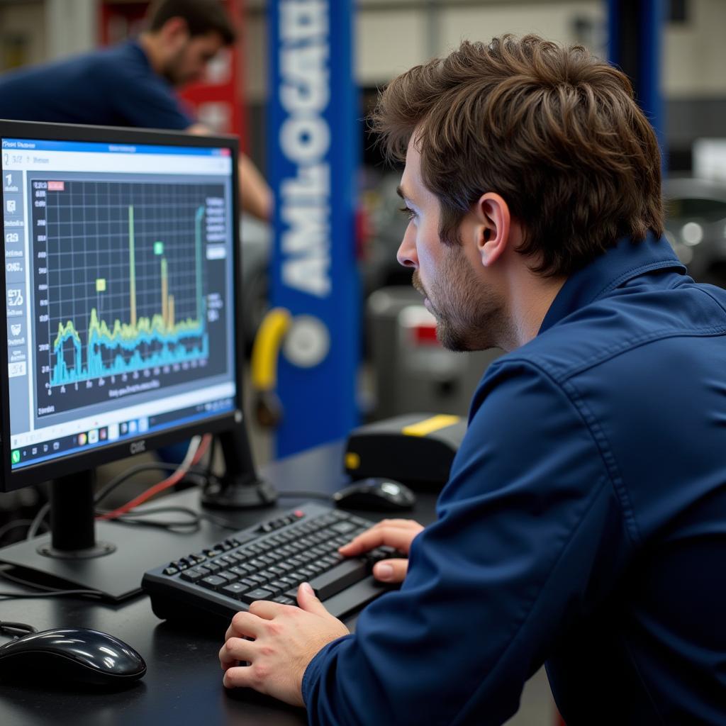 Mechanic reviewing diagnostic report on a computer