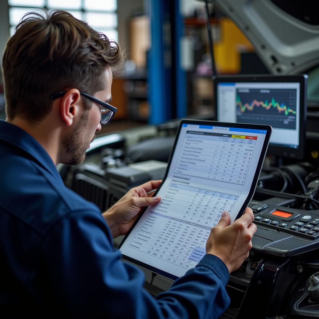 Mechanic analyzing car diagnostic test results on a computer