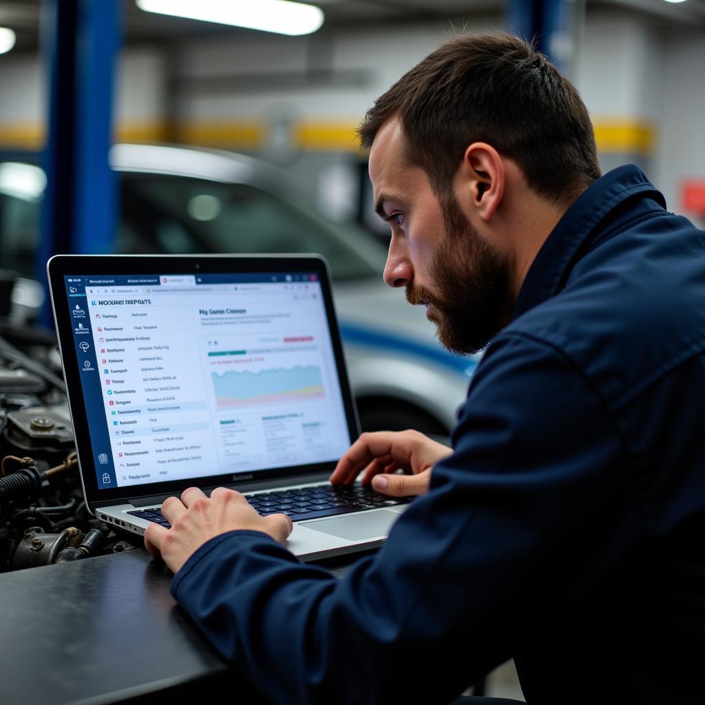 Mechanic Analyzing Diagnostic Report on Laptop