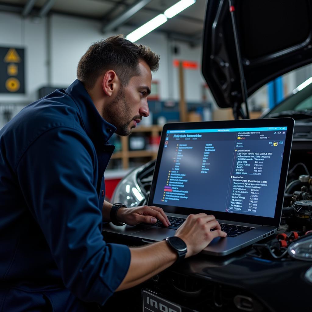 Mechanic reviewing diagnostic data on a laptop in a repair shop