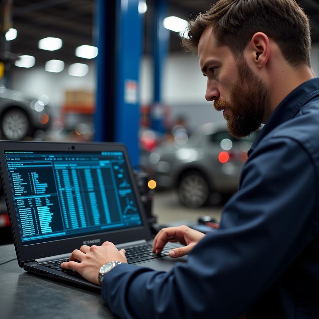 Mechanic reviewing data on laptop