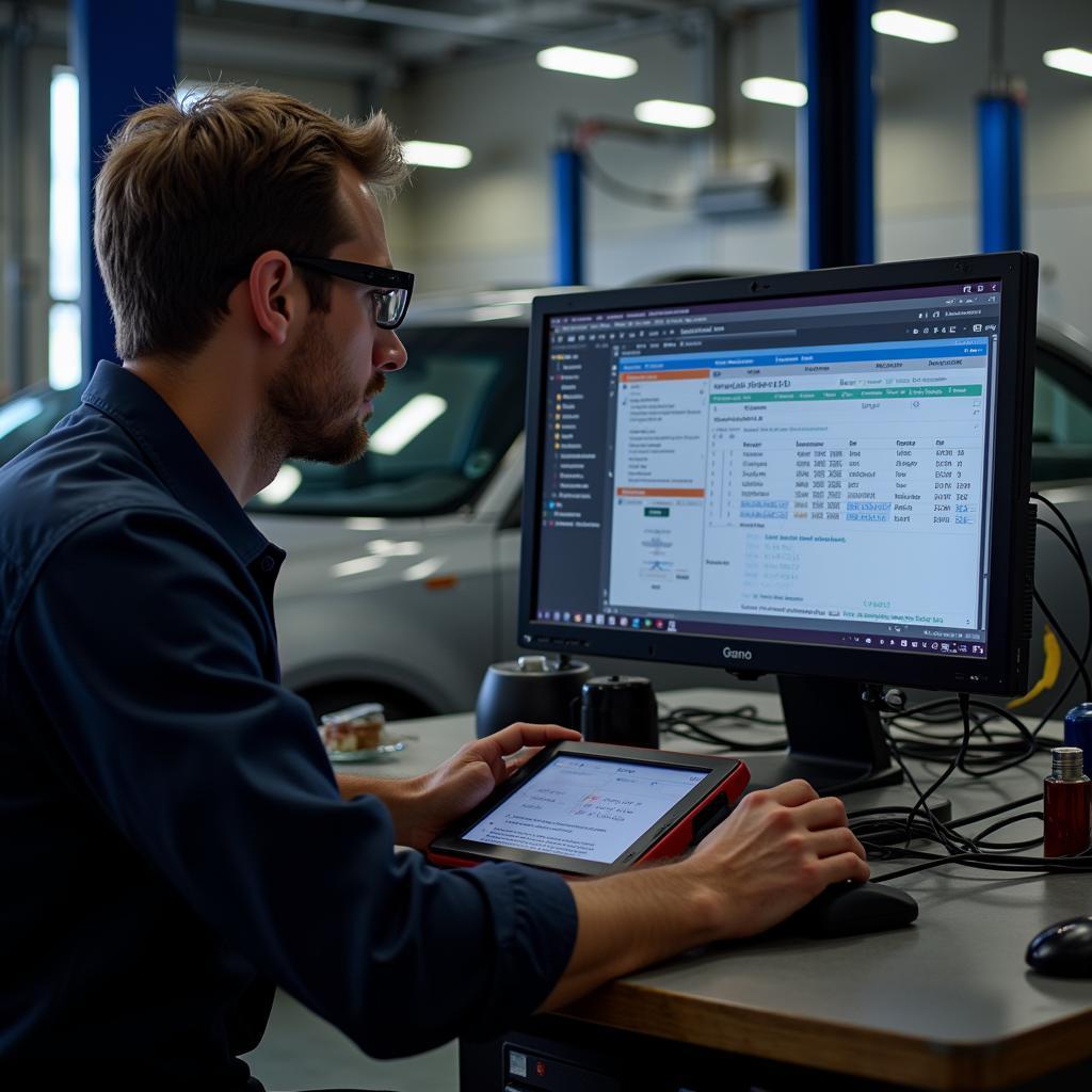 Mechanic analyzing diagnostic results on a computer