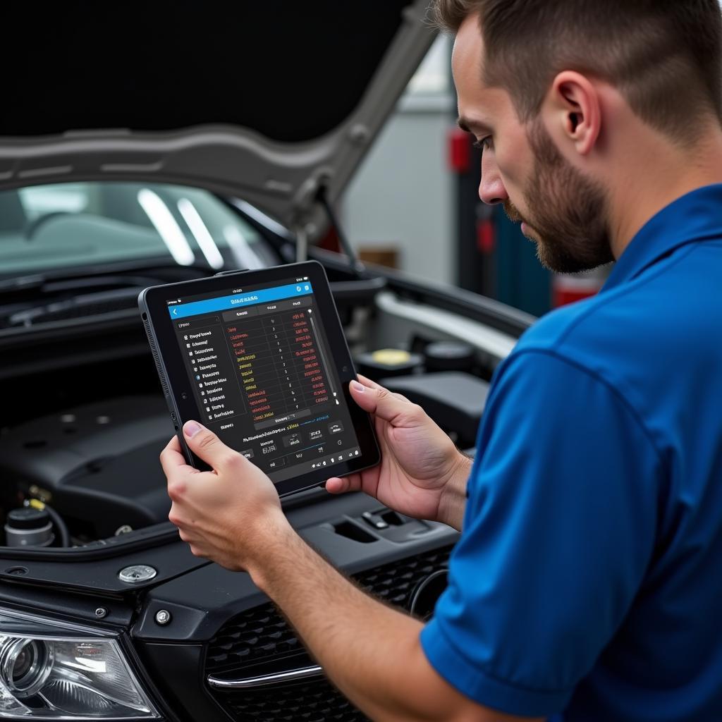 Mechanic analyzing car diagnostic results on a tablet