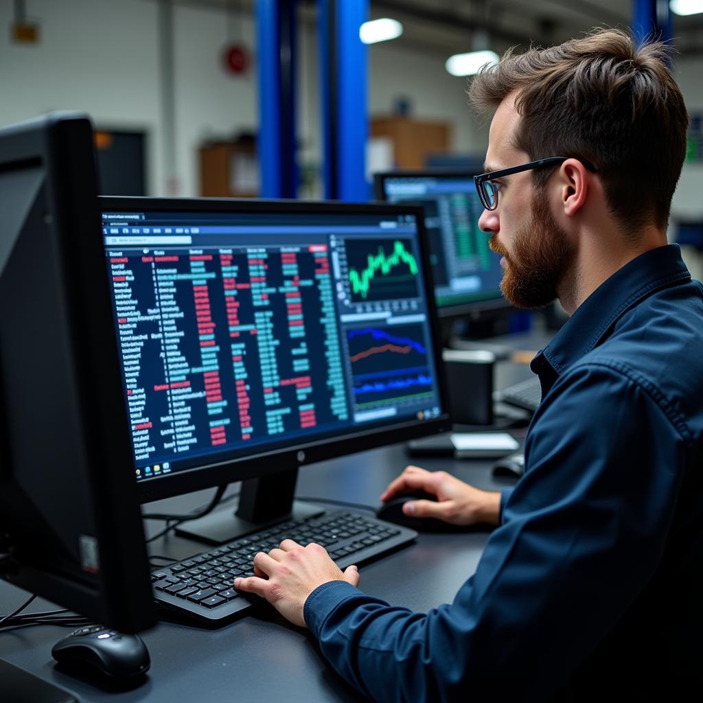 Mechanic Analyzing Diagnostic Results on a Computer