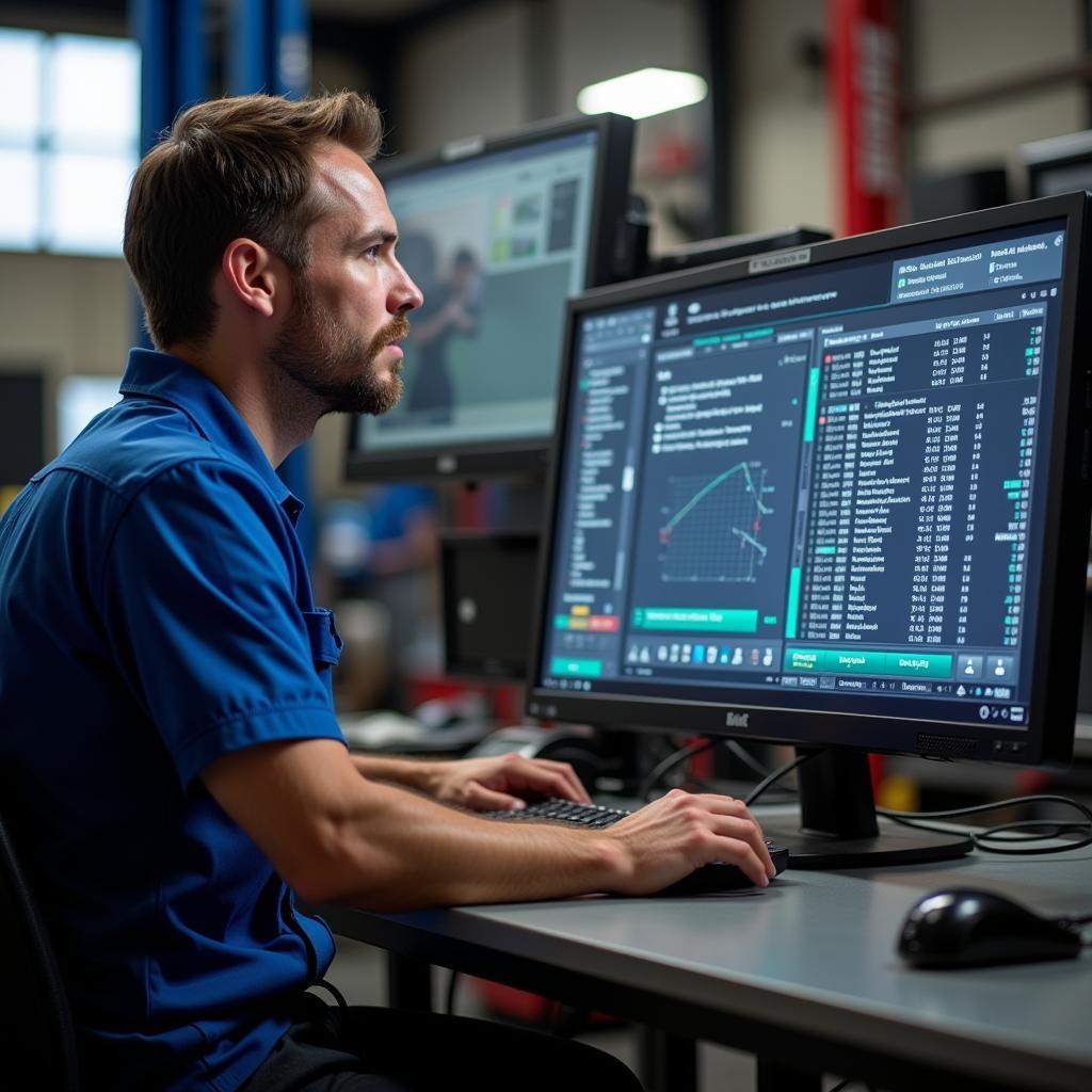 Mechanic Analyzing Diagnostic Results on a Computer