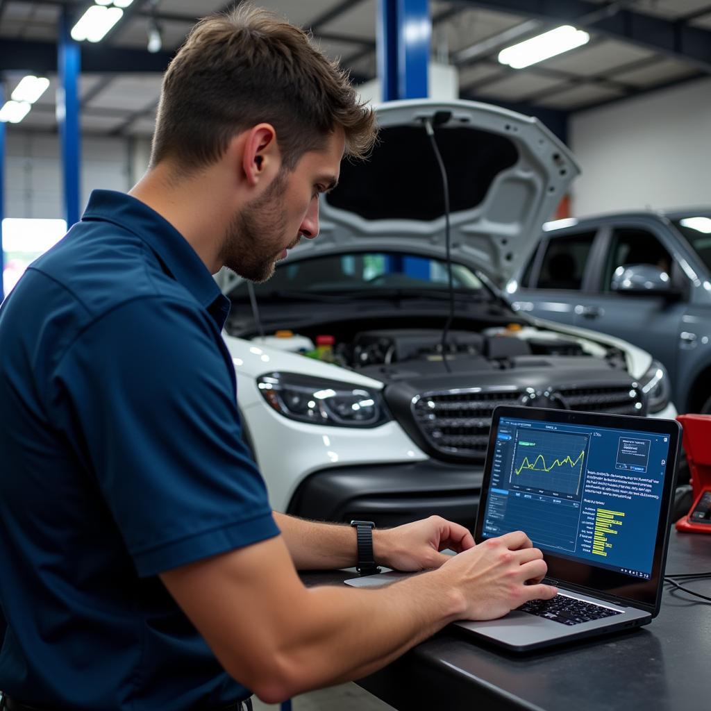 Mechanic Reviewing Diagnostic Results on a Laptop