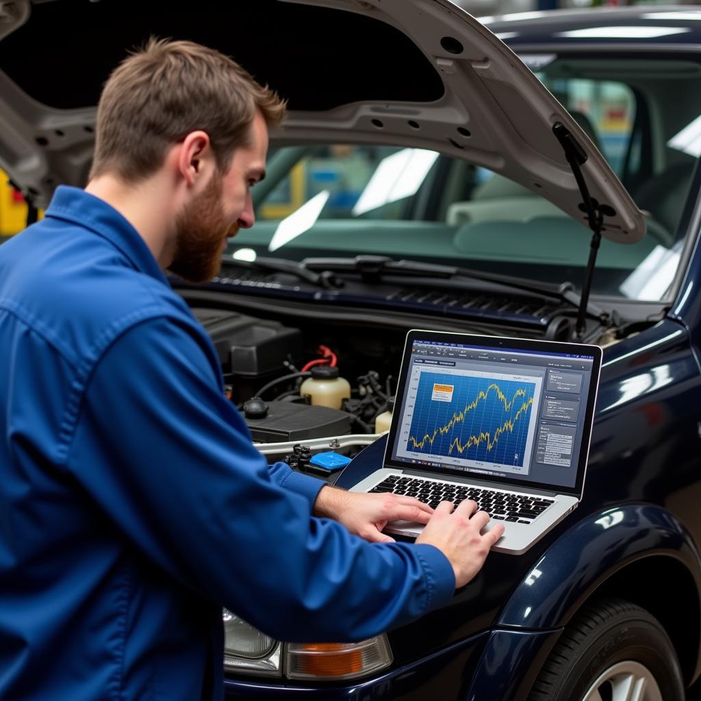 Mechanic Analyzing Diagnostic Results on Laptop