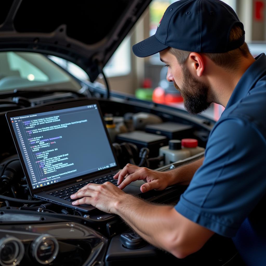 Mechanic analyzing diagnostic trouble codes on a laptop