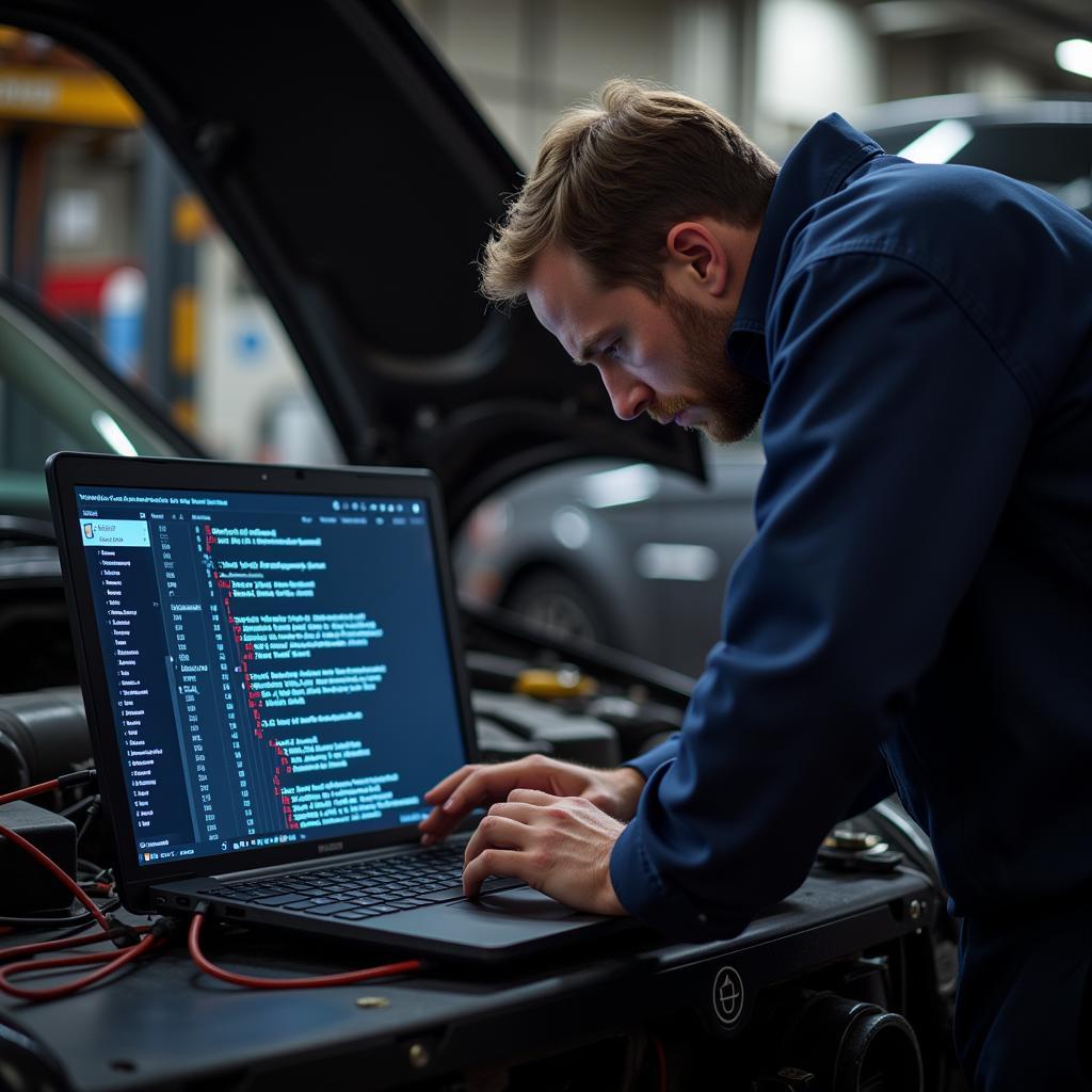 Mechanic Analyzing Diagnostic Trouble Codes on a Laptop