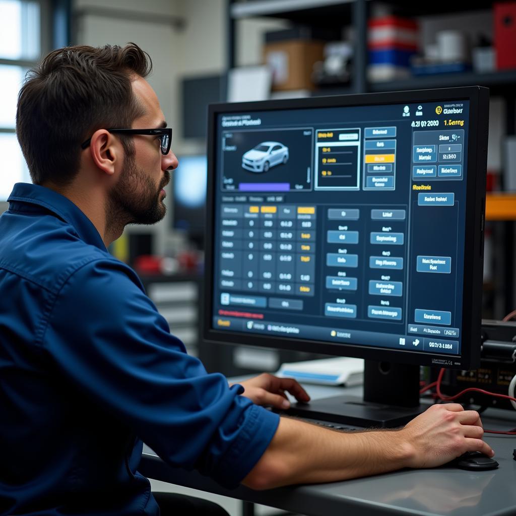 Mechanic reviewing car diagnostic results on a computer screen