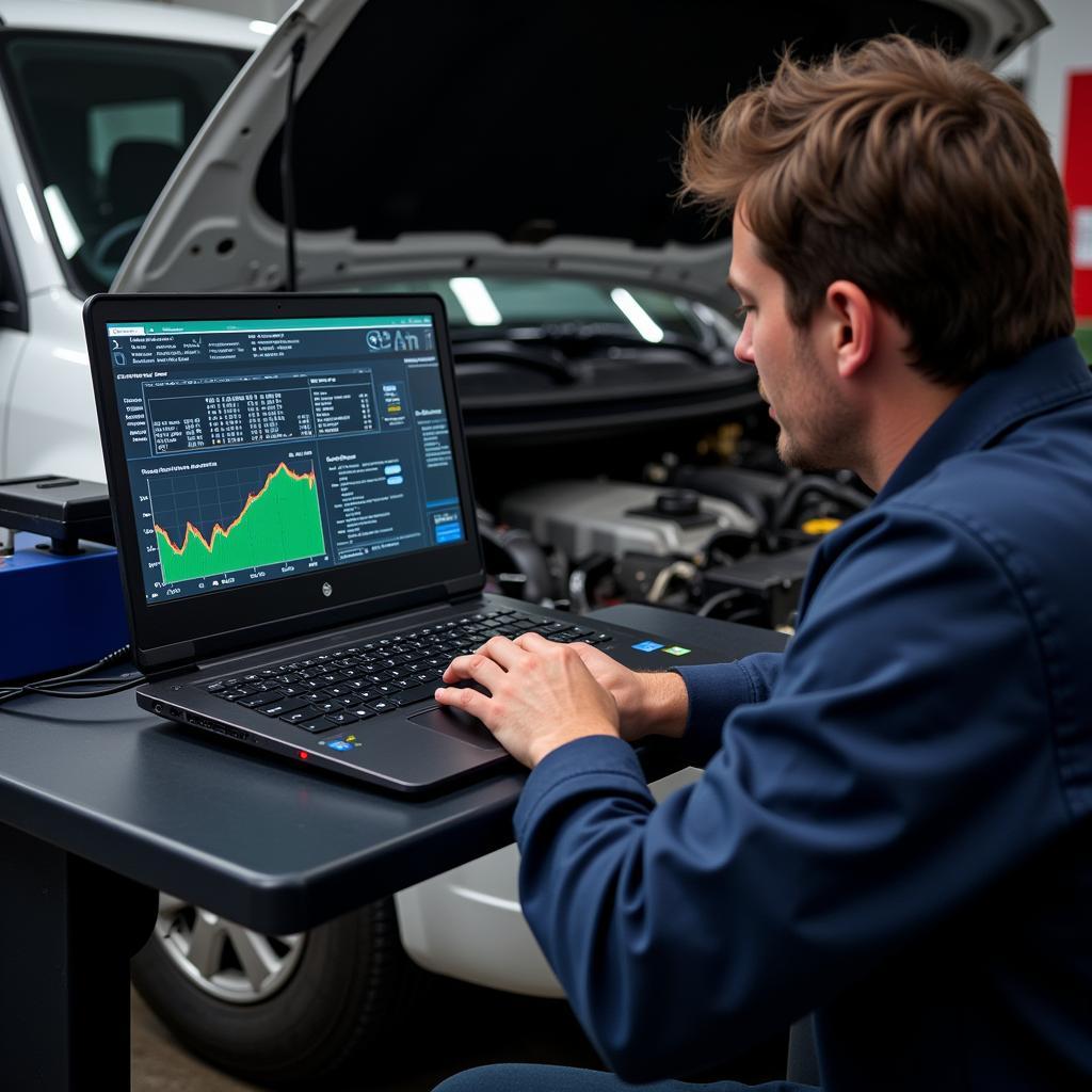 Mechanic analyzing diagnostic data on a laptop