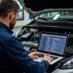 Mechanic Analyzing Engine Codes on Laptop