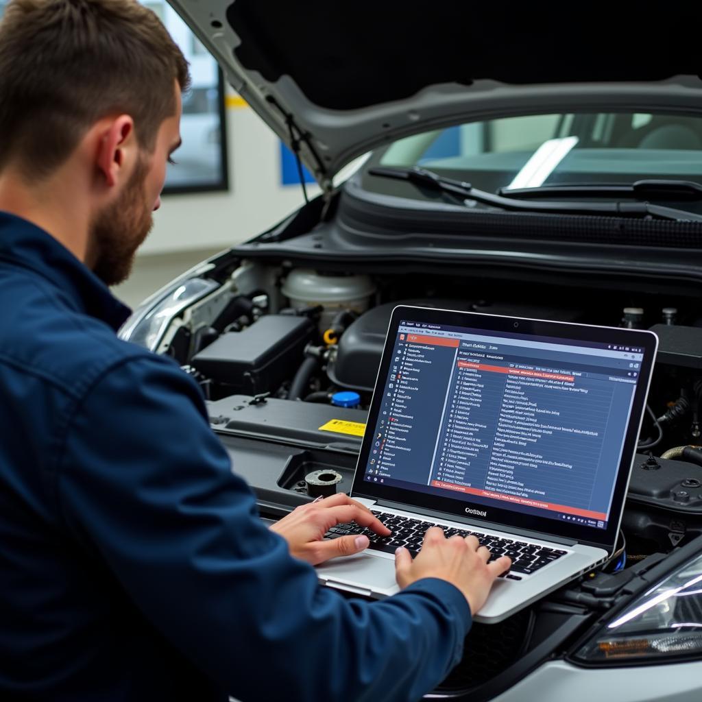 Mechanic Analyzing Engine Codes on Laptop