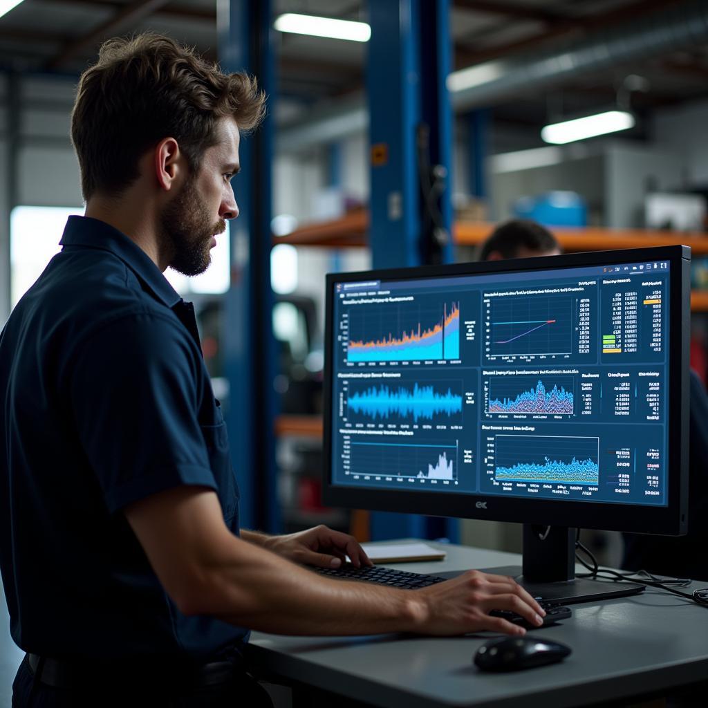 Mechanic analyzing remote diagnostics data on computer