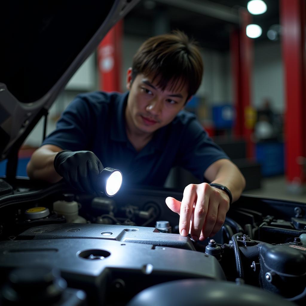 Mechanic Inspecting a Car Engine