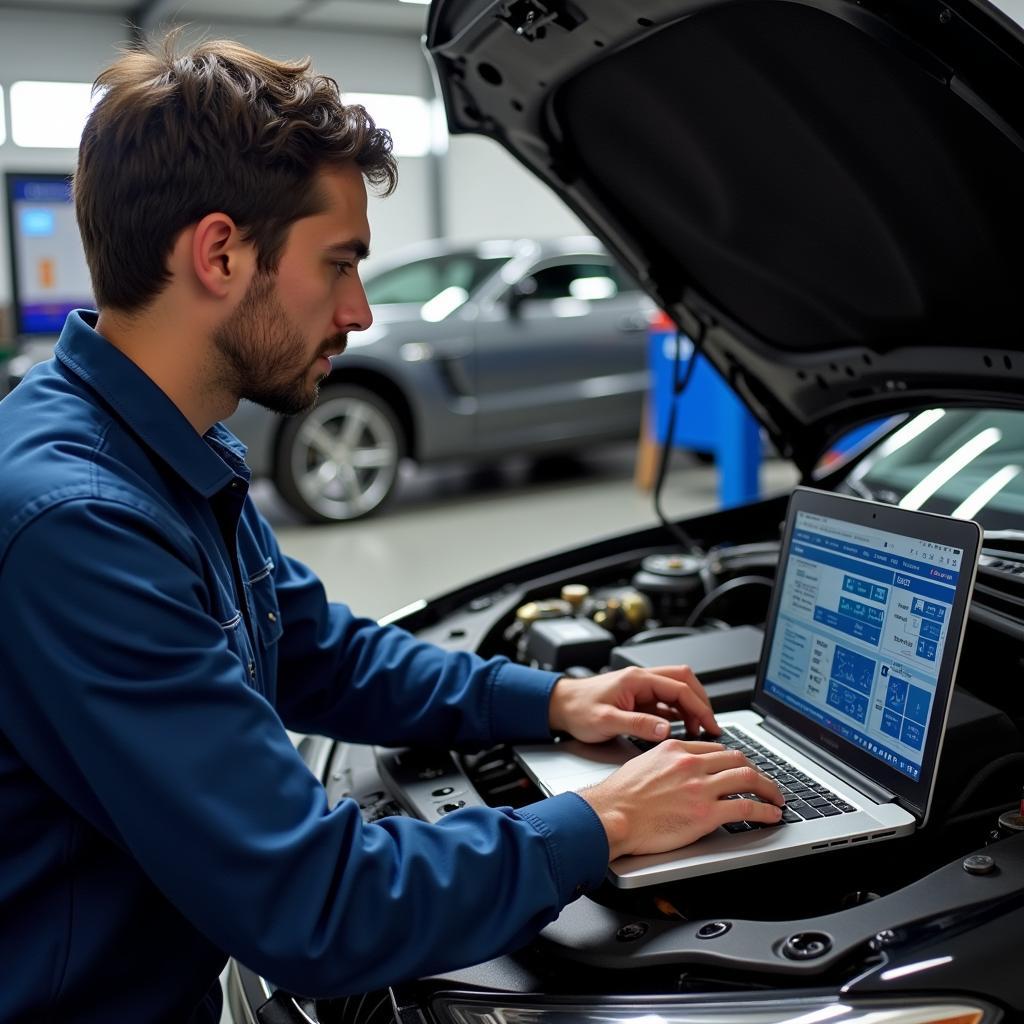 Mechanic using a laptop to diagnose a car