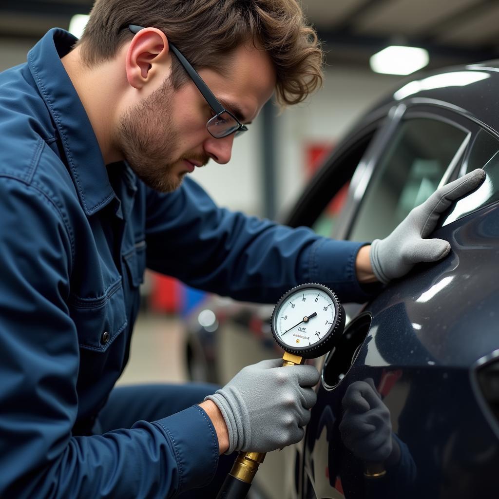 Mechanic checking fuel pressure on a car