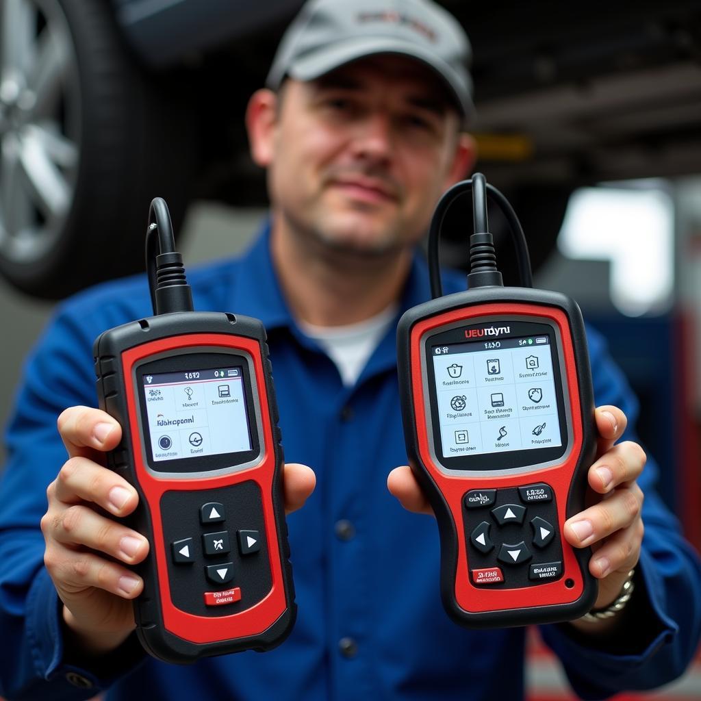 Mechanic Comparing Two Different Car Diagnostic Tools