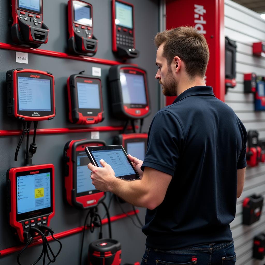 A mechanic considering different Snap-On diagnostic tools