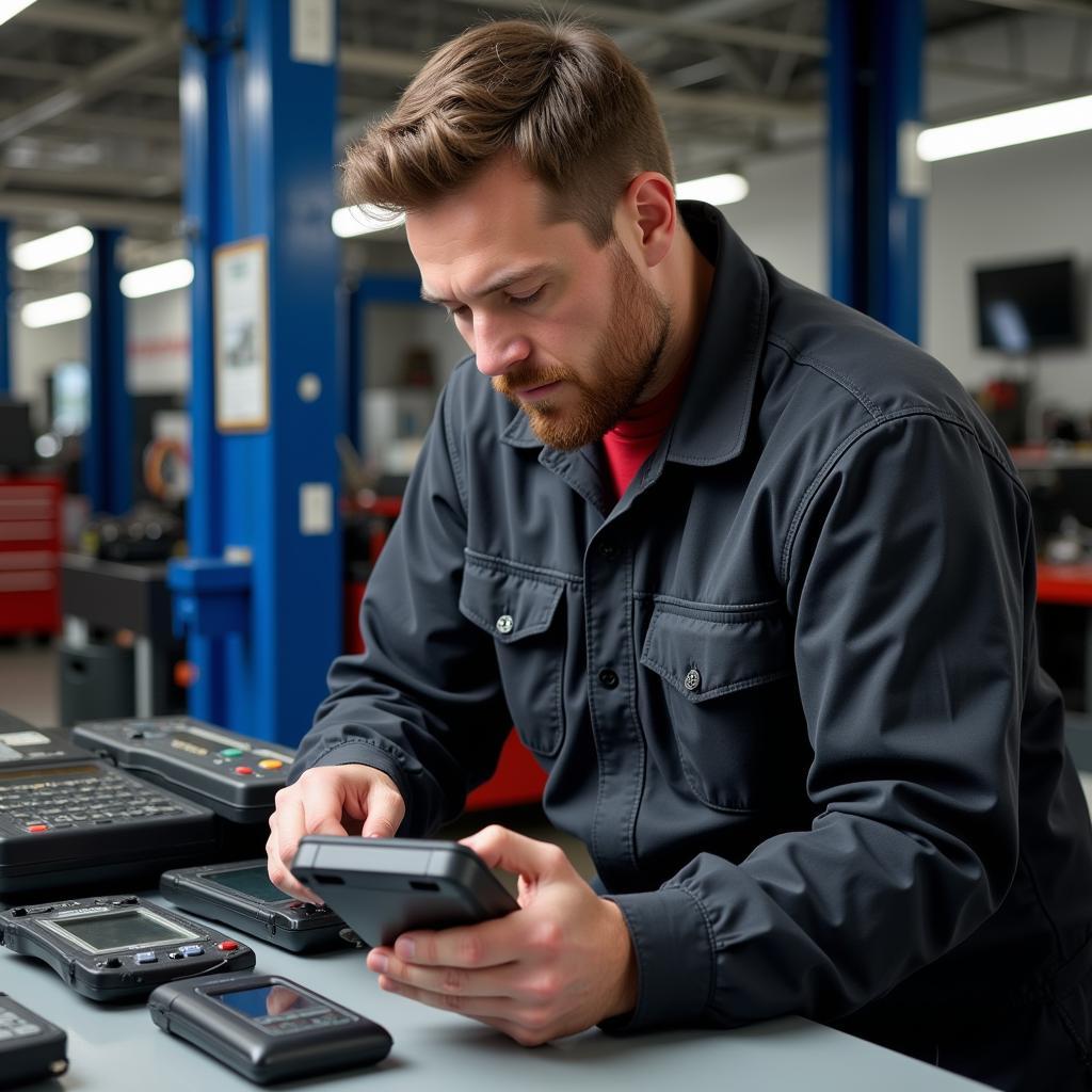 Mechanic comparing different car diagnostic scanners