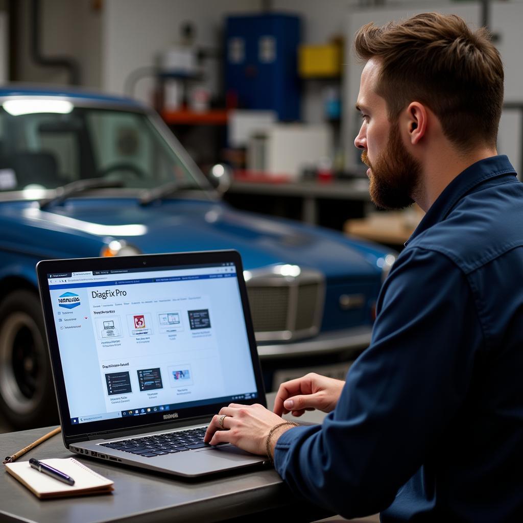 Mechanic researching car diagnostic software options