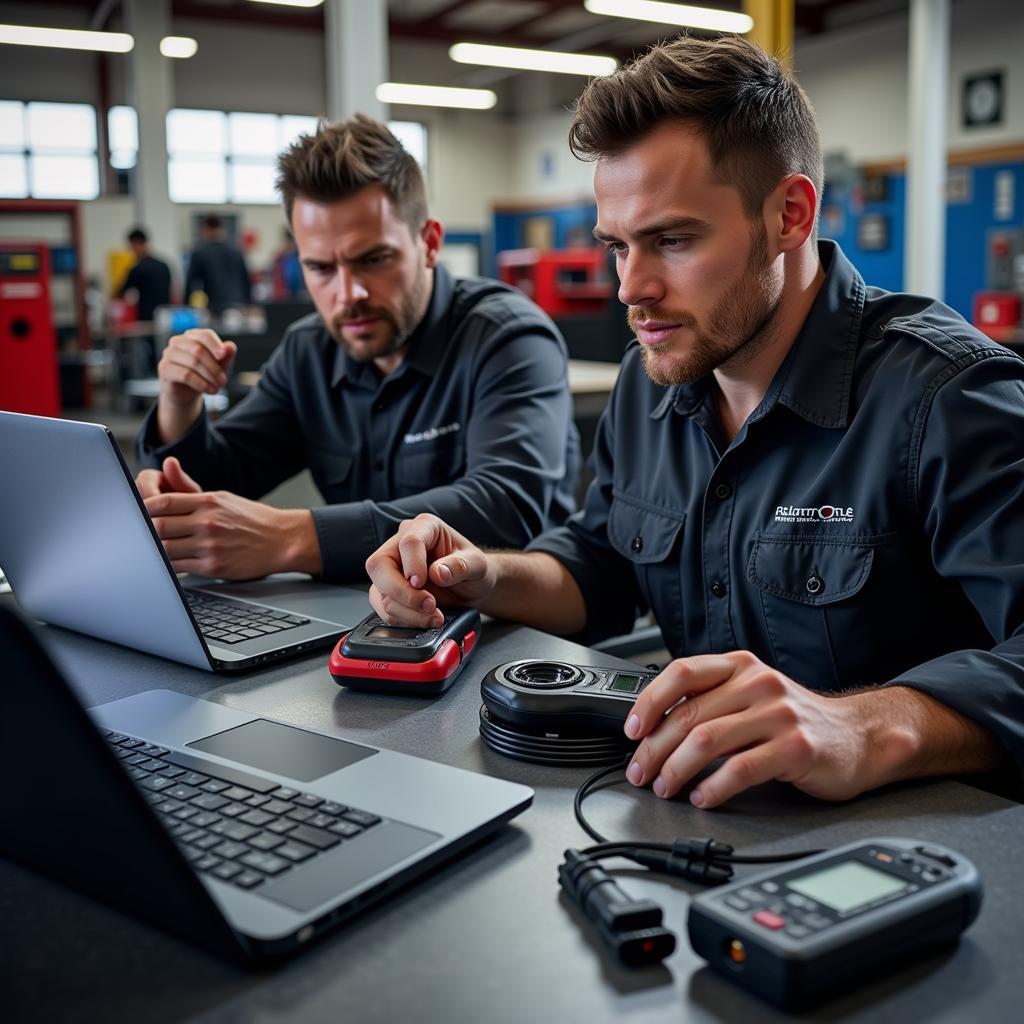 Mechanic researching different car diagnostic tools