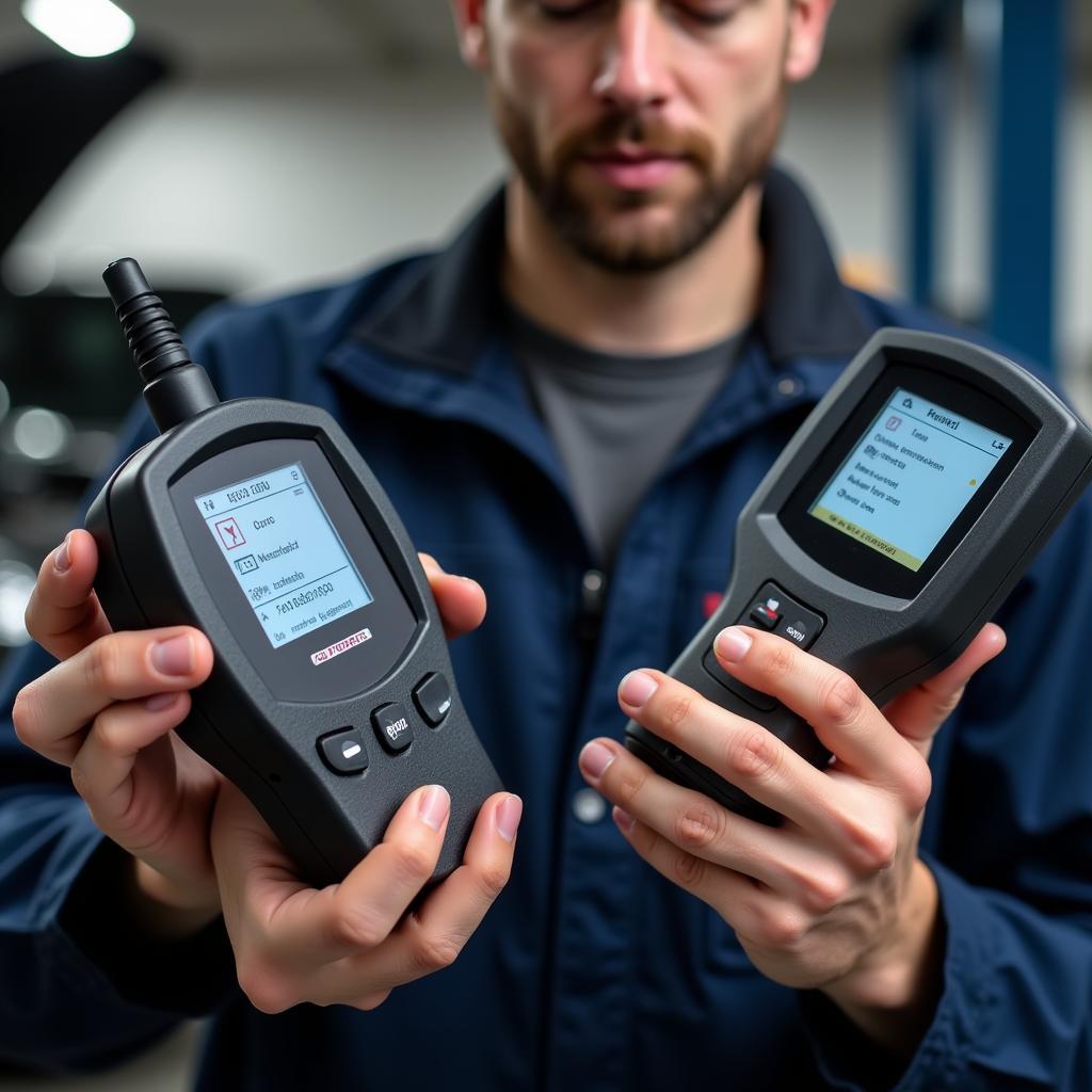 Mechanic Comparing Two Diagnostic Tools