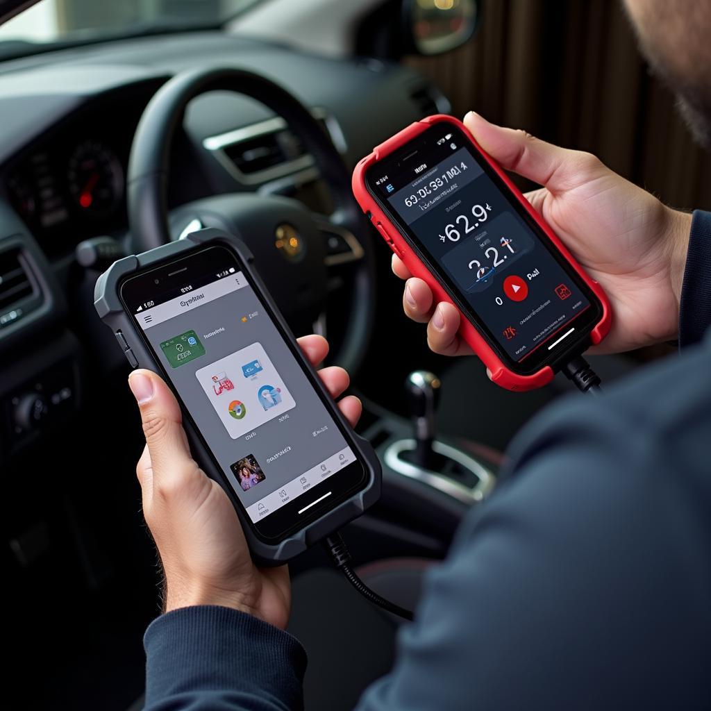 Mechanic holding two different mobile diagnostic tools, comparing them