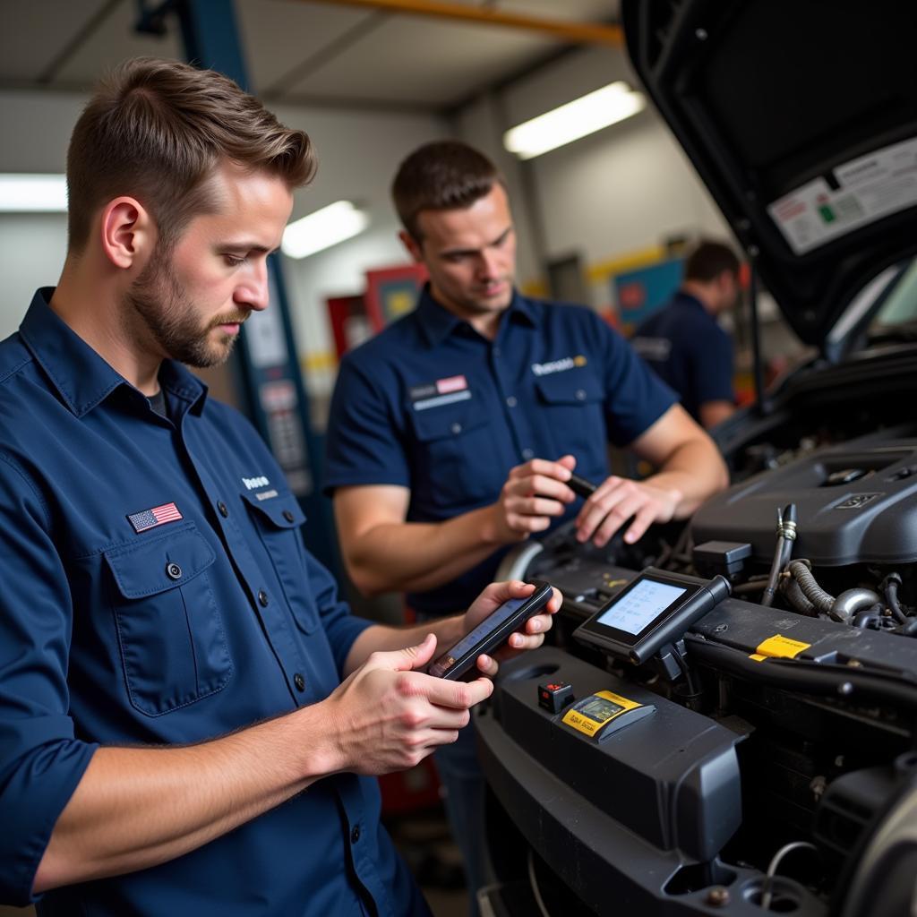 Mechanic comparing different handheld car diagnostic scanners