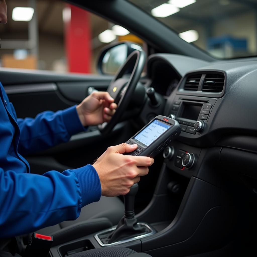 Mechanic connecting a diagnostic scanner to a car