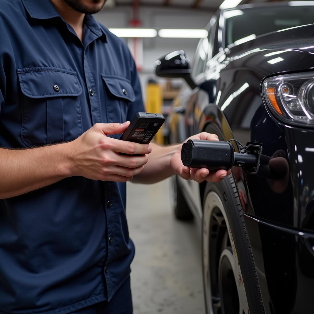 mechanic using a diagnostic tool connected to a car's obd2 port