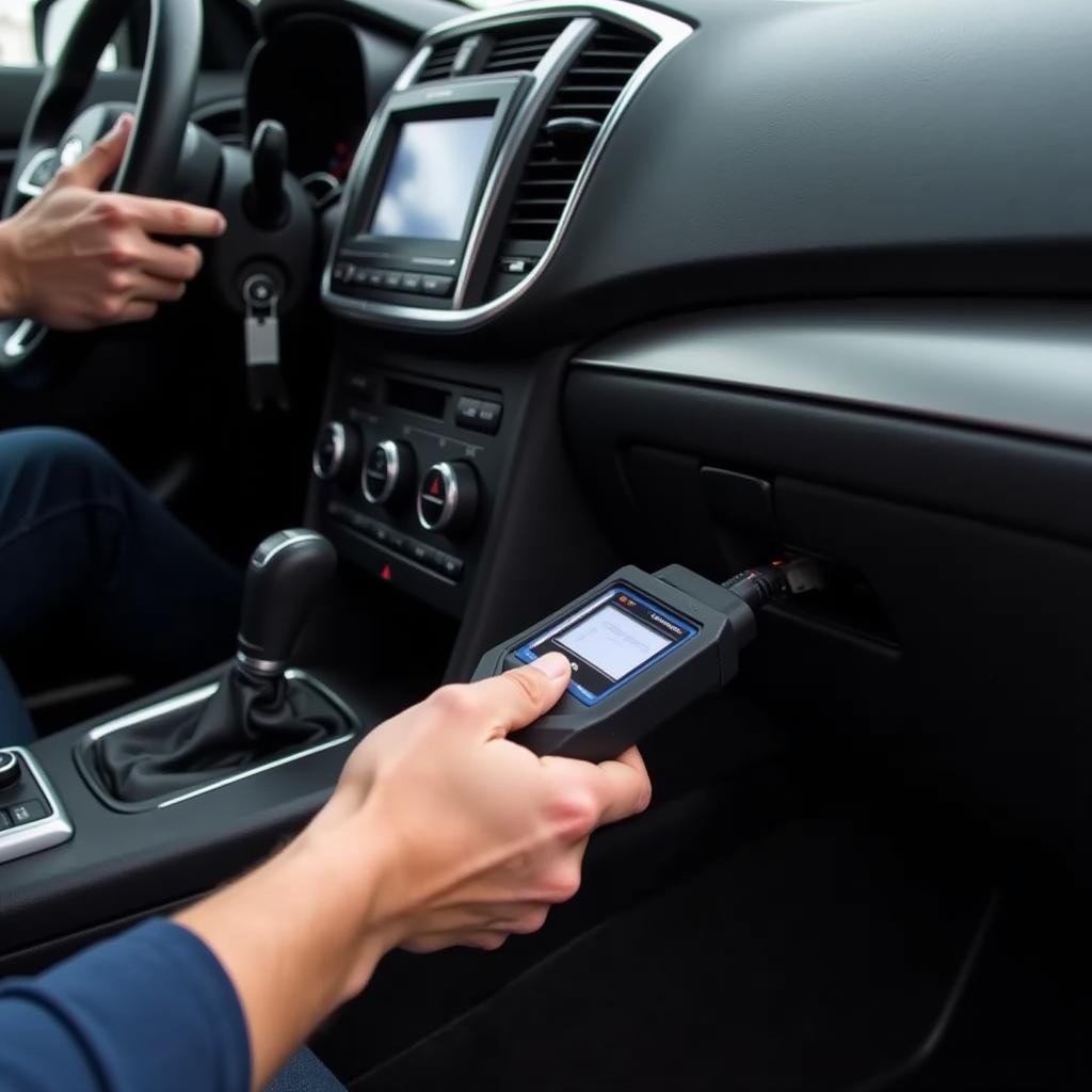 Mechanic using a diagnostic tool