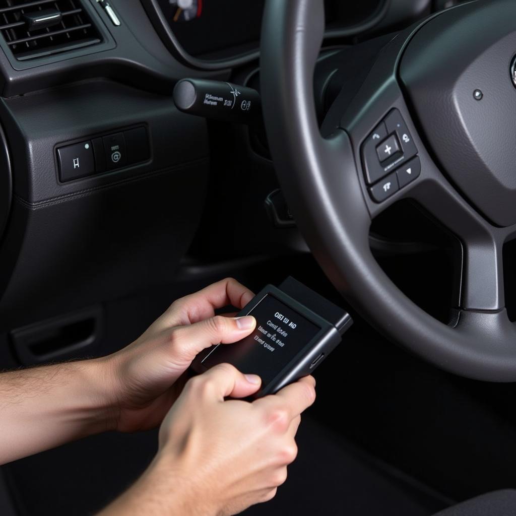 A mechanic's hand connecting an OBD-II scanner to a car's diagnostic port